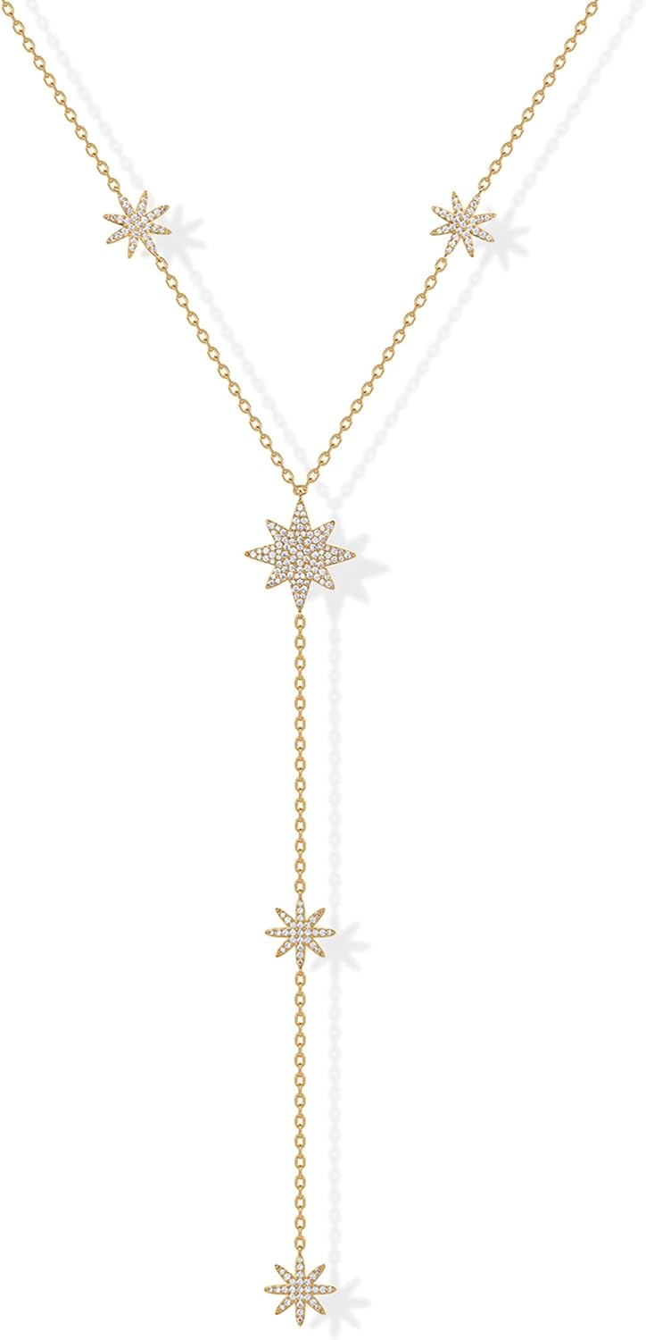 14K Gold Plated Drop Lariat Chain for Women - Gold Cubic Zirconia Long Necklace - Station Star Layered Beaded Y Necklace
