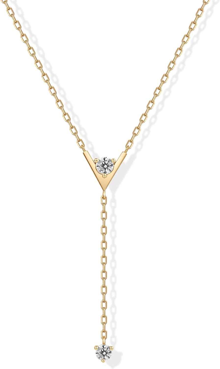 14K Gold Plated Drop Lariat Chain for Women - Gold Cubic Zirconia Long Necklace - Station Star Layered Beaded Y Necklace