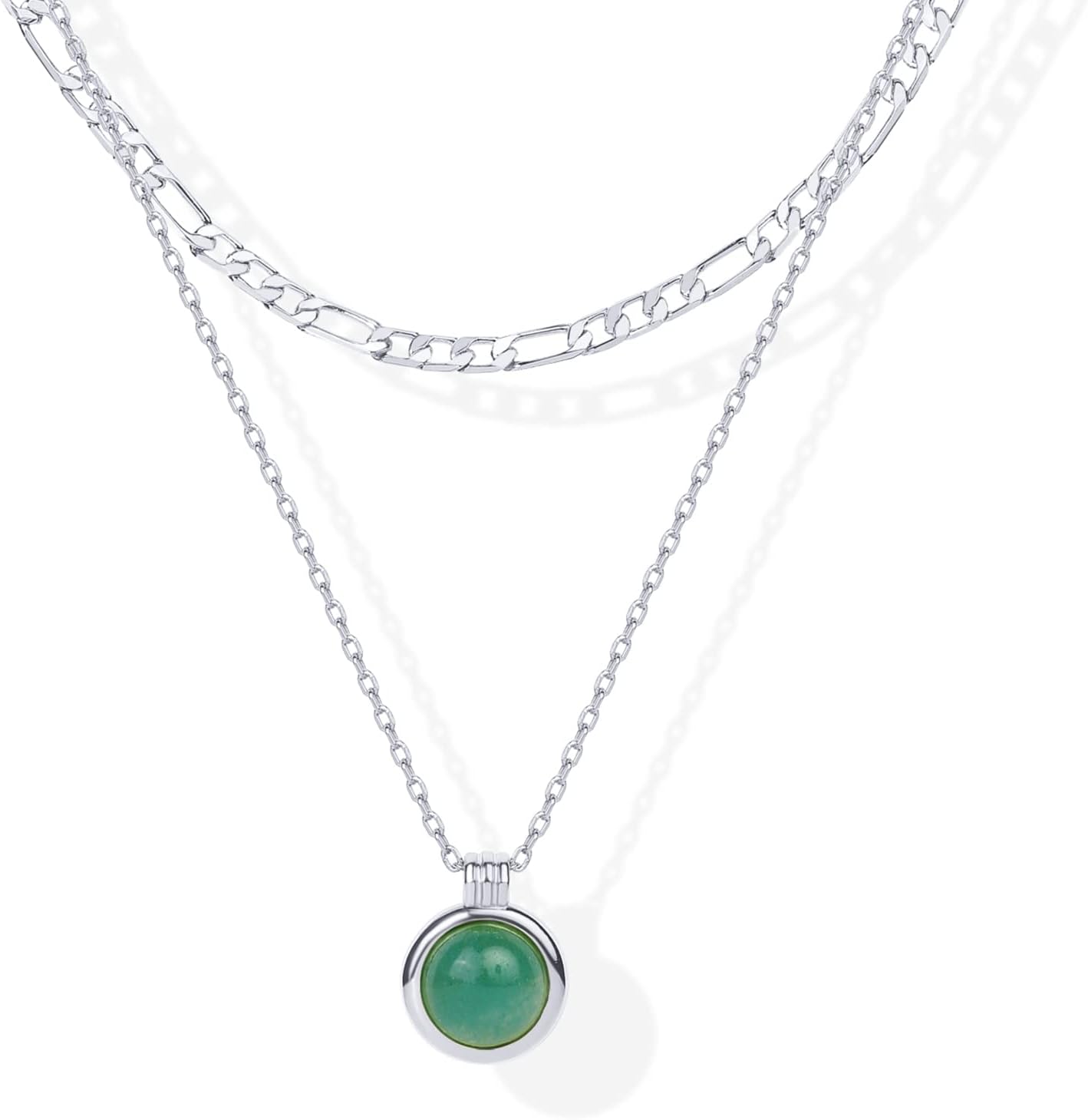 14K Gold Plated Layered Necklaces for Women | Gemstone Pendant Figaro Chain Necklace | Carnelian, Green Aventurine, Malachite Layering Necklace