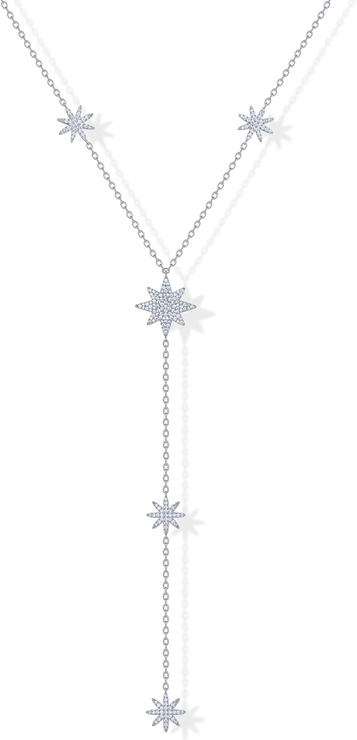 14K Gold Plated Drop Lariat Chain for Women - Gold Cubic Zirconia Long Necklace - Station Star Layered Beaded Y Necklace