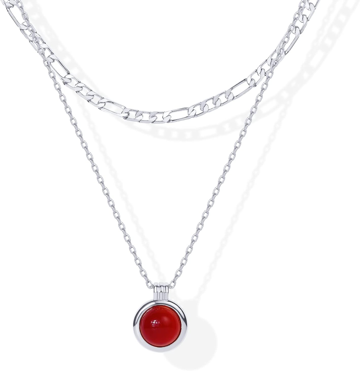 14K Gold Plated Layered Necklaces for Women | Gemstone Pendant Figaro Chain Necklace | Carnelian, Green Aventurine, Malachite Layering Necklace