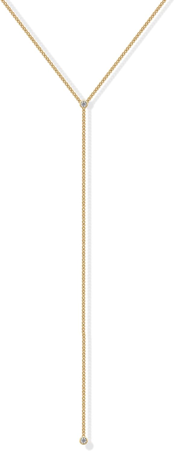 14K Gold Plated Drop Lariat Chain for Women - Gold Cubic Zirconia Long Necklace - Station Star Layered Beaded Y Necklace