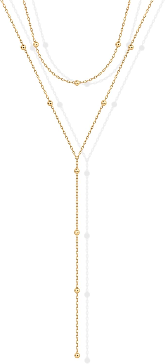 14K Gold Plated Drop Lariat Chain for Women - Gold Cubic Zirconia Long Necklace - Station Star Layered Beaded Y Necklace
