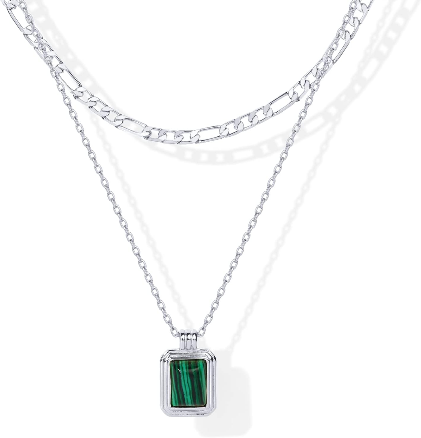14K Gold Plated Layered Necklaces for Women | Gemstone Pendant Figaro Chain Necklace | Carnelian, Green Aventurine, Malachite Layering Necklace