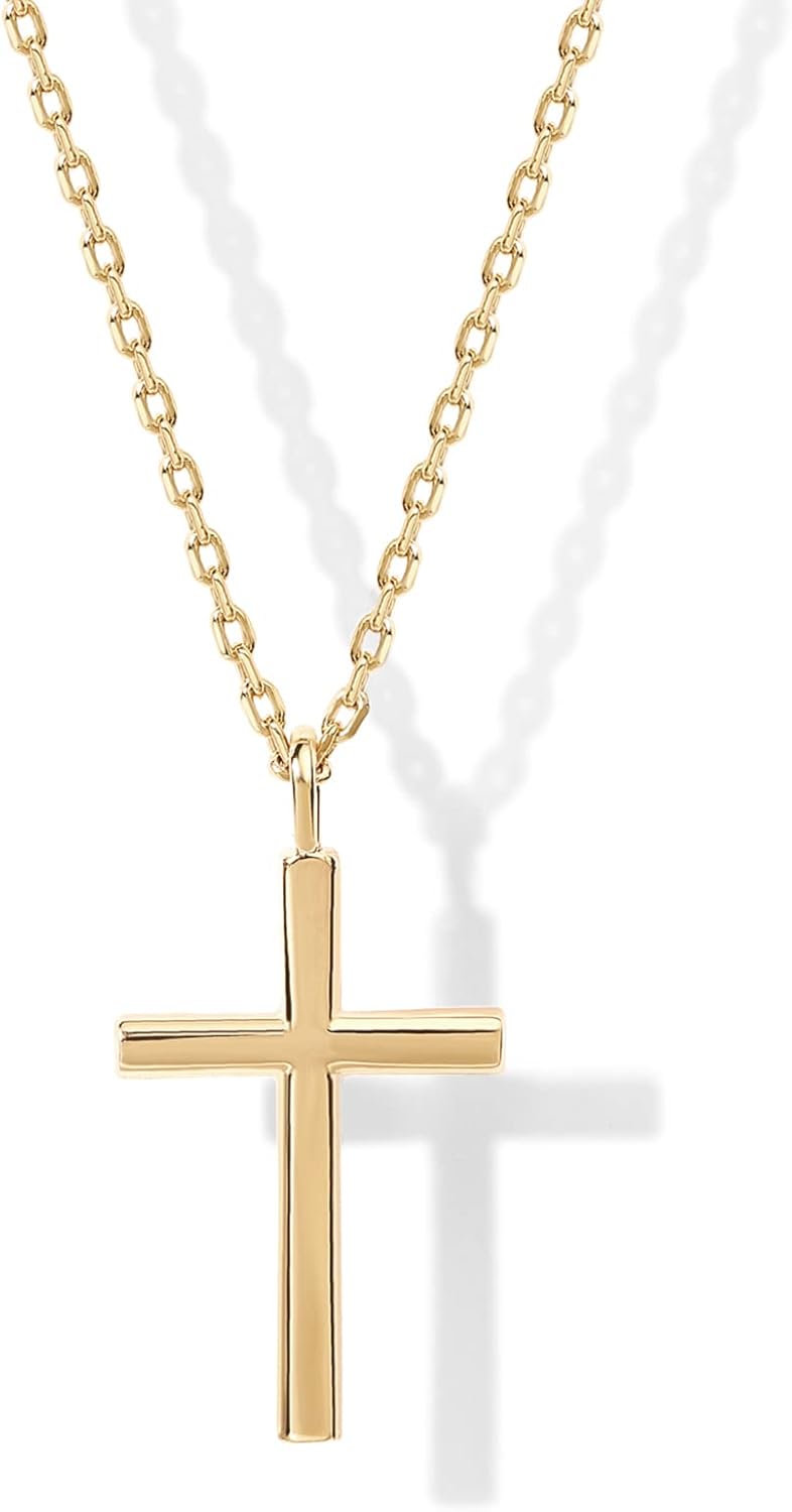 14K Gold Plated Cubic Zirconia Cross Pendant Necklaces for Women | Linear Bezel CZ Religious Cross Faith Pendant Necklace