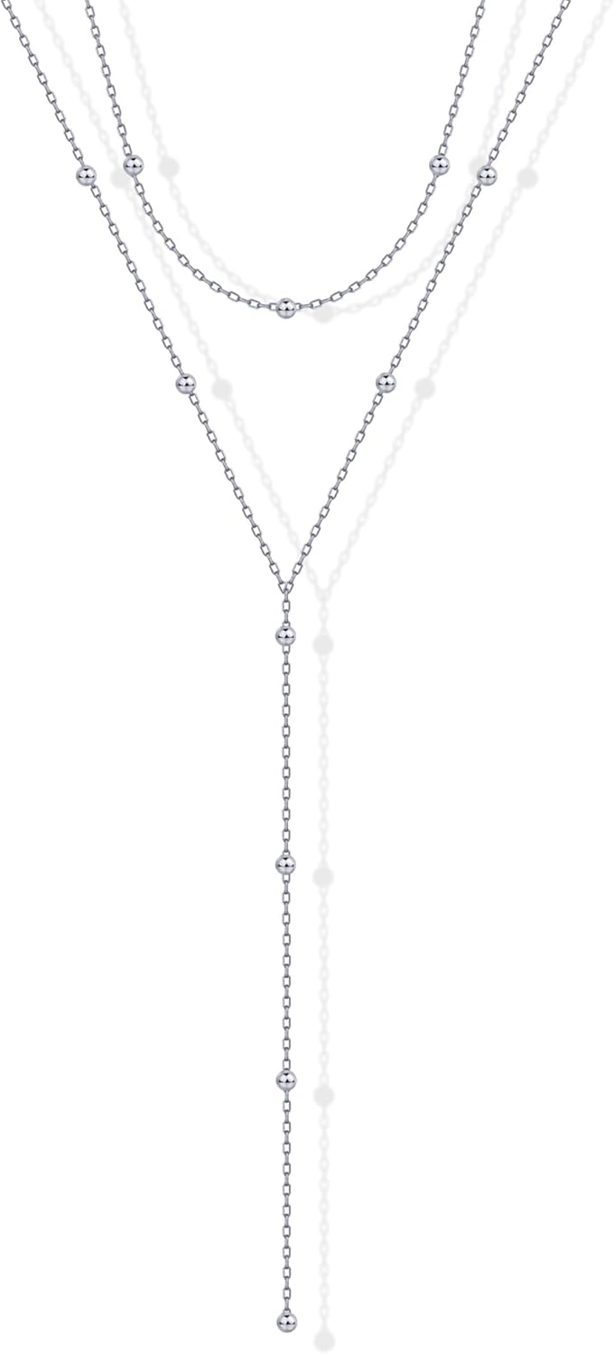 14K Gold Plated Drop Lariat Chain for Women - Gold Cubic Zirconia Long Necklace - Station Star Layered Beaded Y Necklace