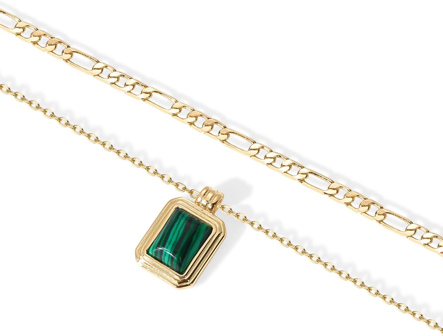 14K Gold Plated Layered Necklaces for Women | Gemstone Pendant Figaro Chain Necklace | Carnelian, Green Aventurine, Malachite Layering Necklace