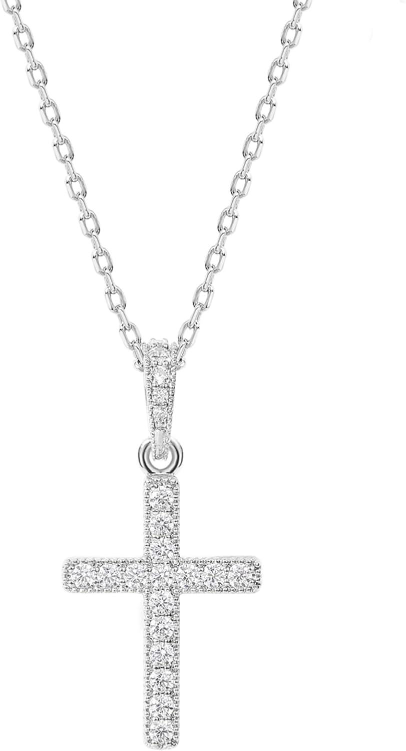 14K Gold Plated Cubic Zirconia Cross Pendant Necklaces for Women | Linear Bezel CZ Religious Cross Faith Pendant Necklace