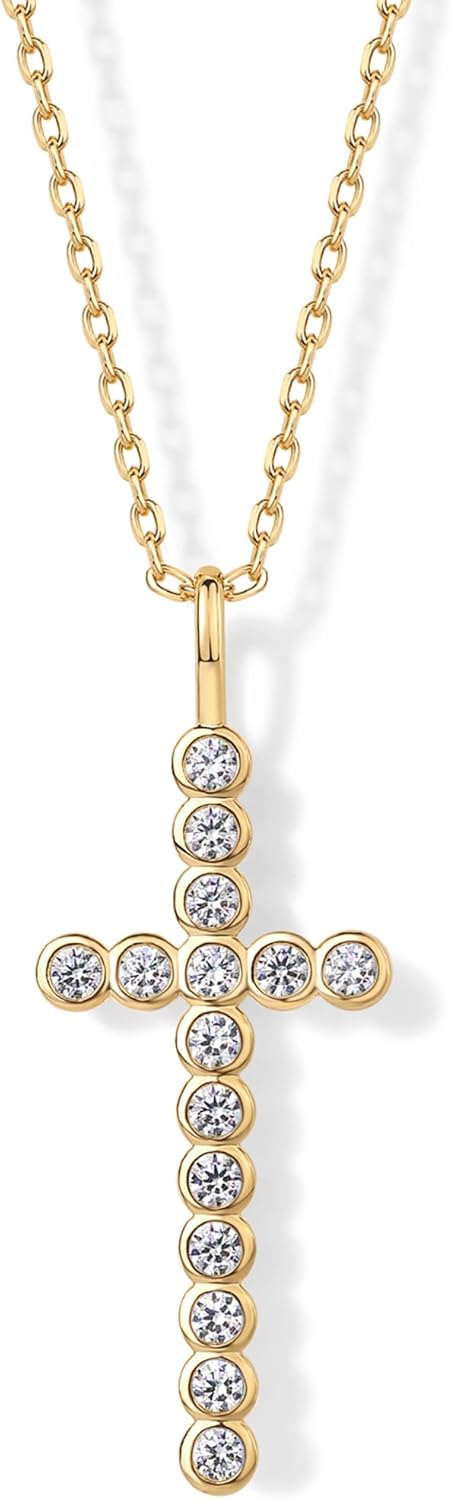 14K Gold Plated Cubic Zirconia Cross Pendant Necklaces for Women | Linear Bezel CZ Religious Cross Faith Pendant Necklace