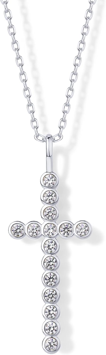 14K Gold Plated Cubic Zirconia Cross Pendant Necklaces for Women | Linear Bezel CZ Religious Cross Faith Pendant Necklace
