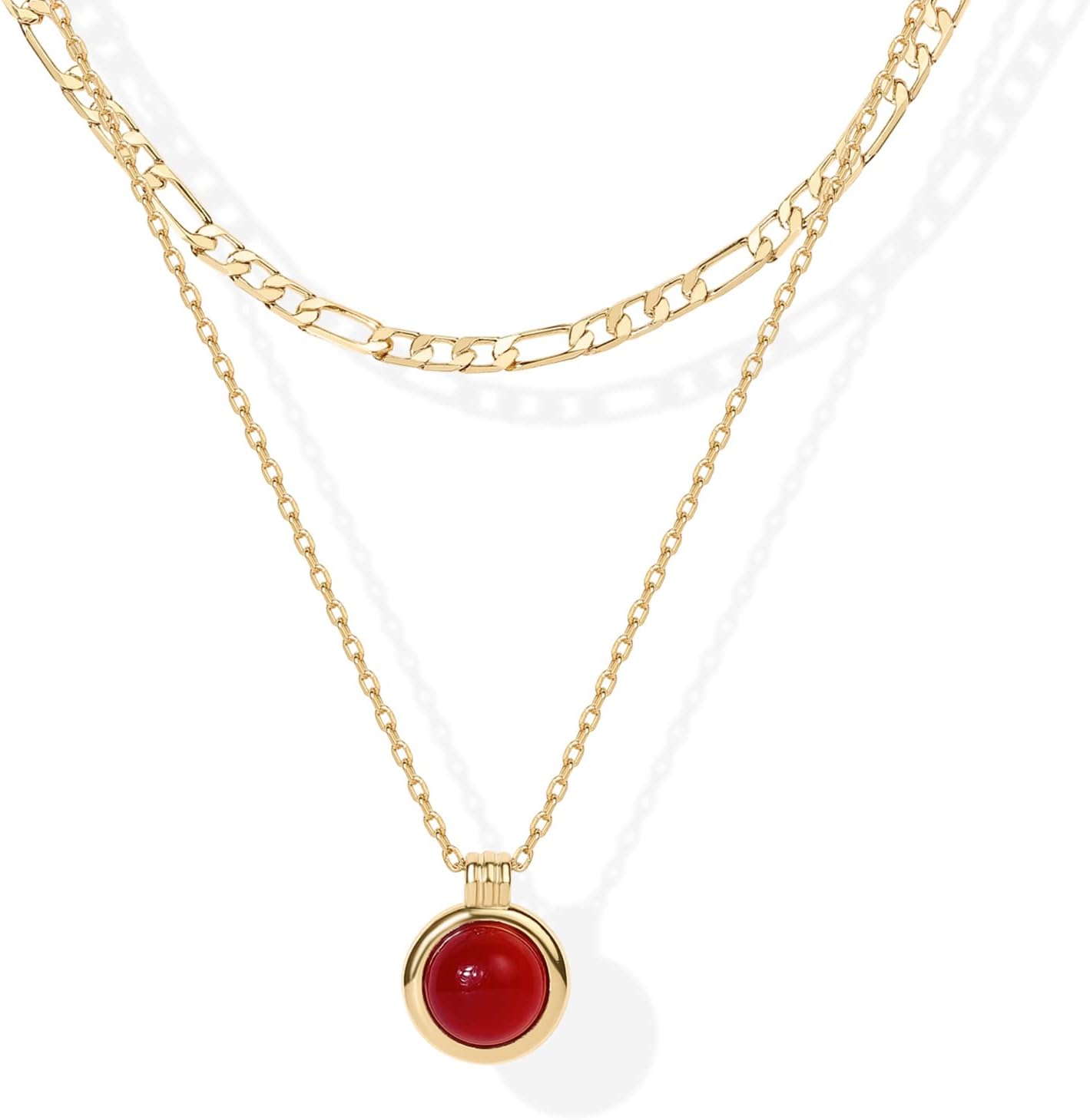 14K Gold Plated Layered Necklaces for Women | Gemstone Pendant Figaro Chain Necklace | Carnelian, Green Aventurine, Malachite Layering Necklace