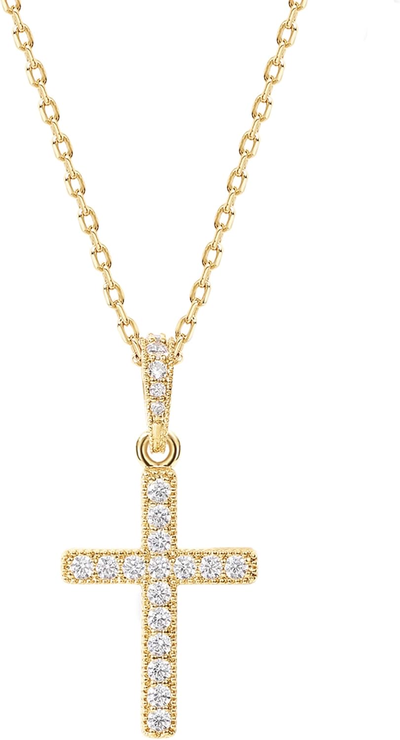 14K Gold Plated Cubic Zirconia Cross Pendant Necklaces for Women | Linear Bezel CZ Religious Cross Faith Pendant Necklace