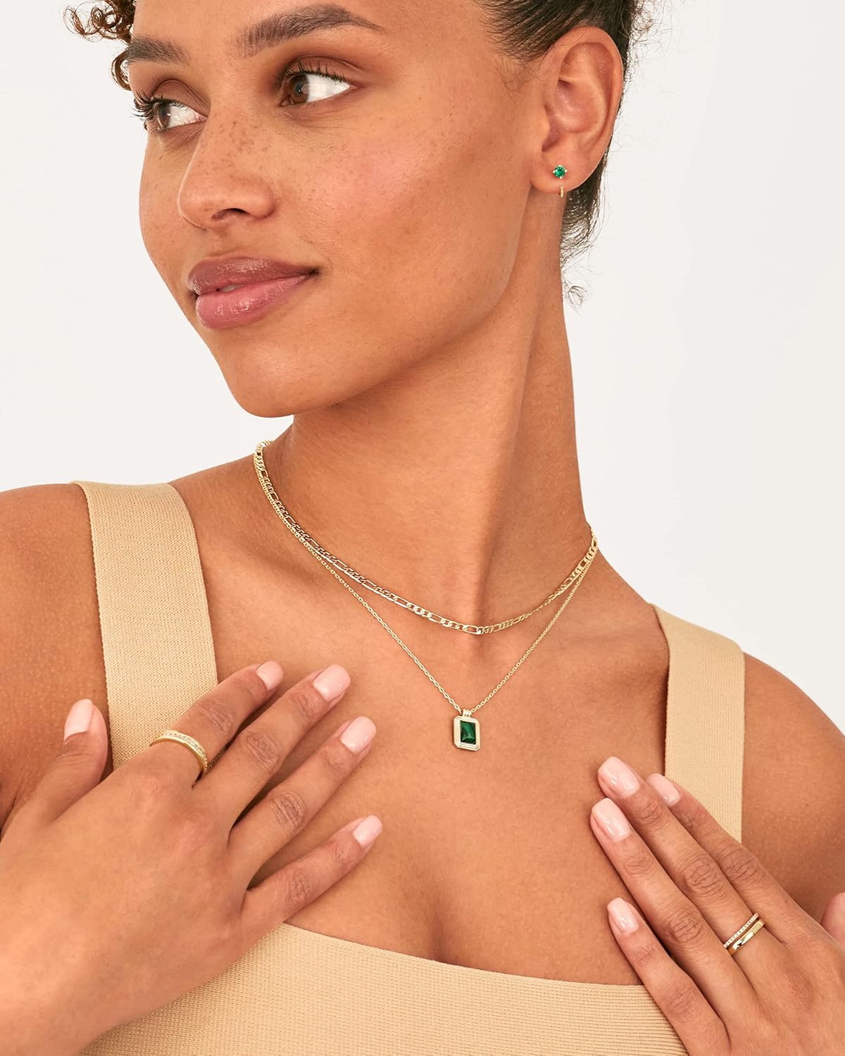 14K Gold Plated Layered Necklaces for Women | Gemstone Pendant Figaro Chain Necklace | Carnelian, Green Aventurine, Malachite Layering Necklace