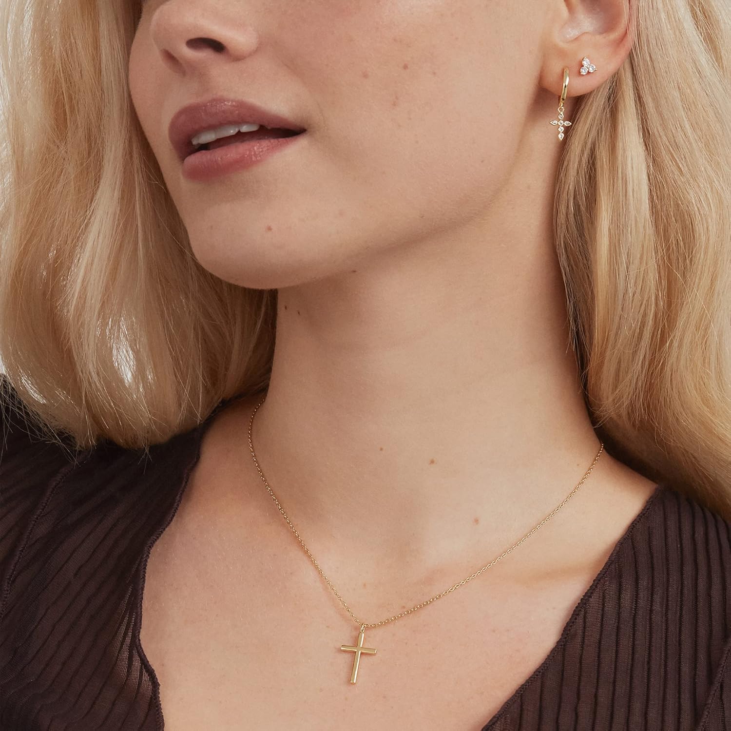 14K Gold Plated Cubic Zirconia Cross Pendant Necklaces for Women | Linear Bezel CZ Religious Cross Faith Pendant Necklace
