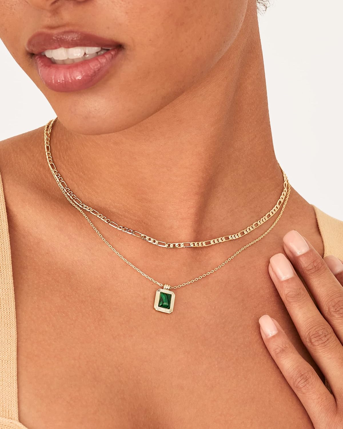 14K Gold Plated Layered Necklaces for Women | Gemstone Pendant Figaro Chain Necklace | Carnelian, Green Aventurine, Malachite Layering Necklace