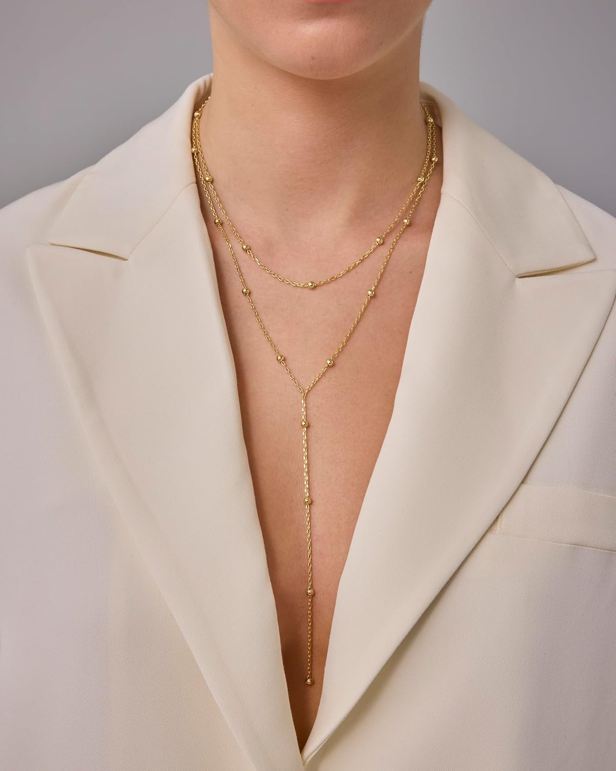 14K Gold Plated Drop Lariat Chain for Women - Gold Cubic Zirconia Long Necklace - Station Star Layered Beaded Y Necklace