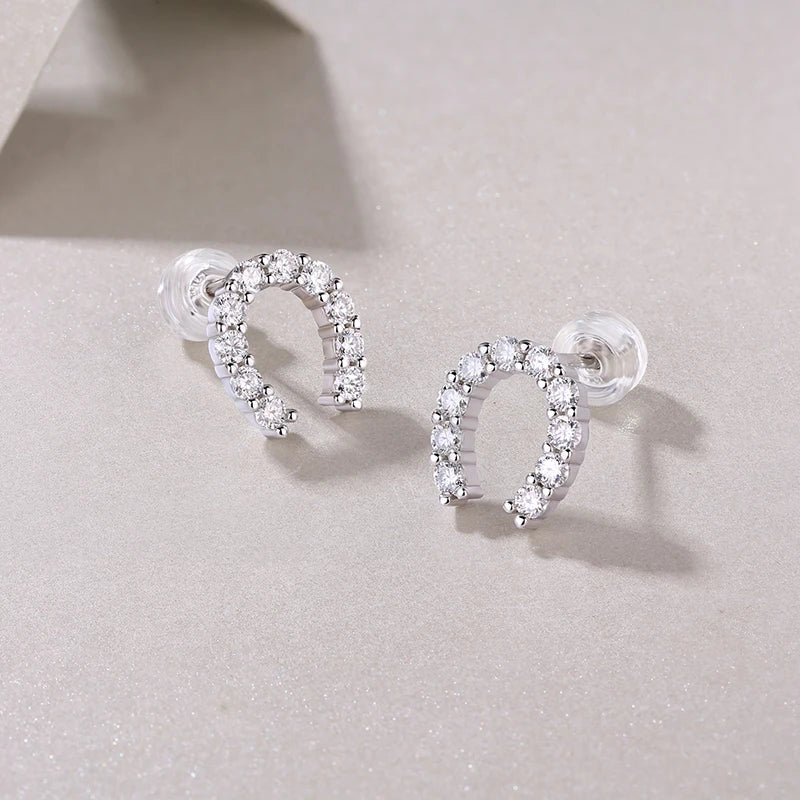 US Warehouse 925 Sterling Silver Horseshoe Earrings with Gems Ladies Fine Earrings U Shape Stud Earrings with Moissanite