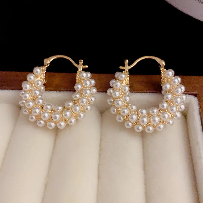 FTCY 1 Pair Vintage Pearl Round Earrings for Women Big Hoop Pierced Allergy Resistant Earrings Jewelry Wholesale