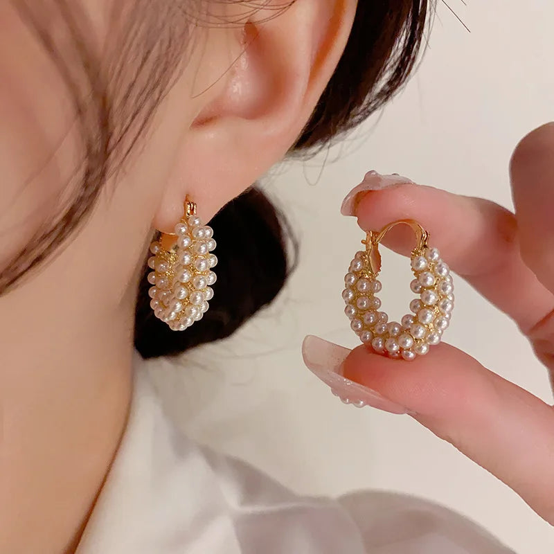 FTCY 1 Pair Vintage Pearl Round Earrings for Women Big Hoop Pierced Allergy Resistant Earrings Jewelry Wholesale