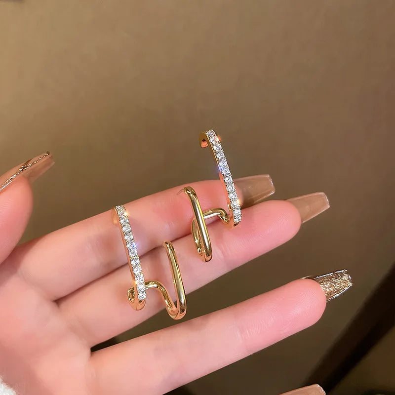 FTCY Luxury Double Row Earrings for Women Korean Irregular U-shaped Gold Color Piercing Earrings Wedding Party Jewelry Gift