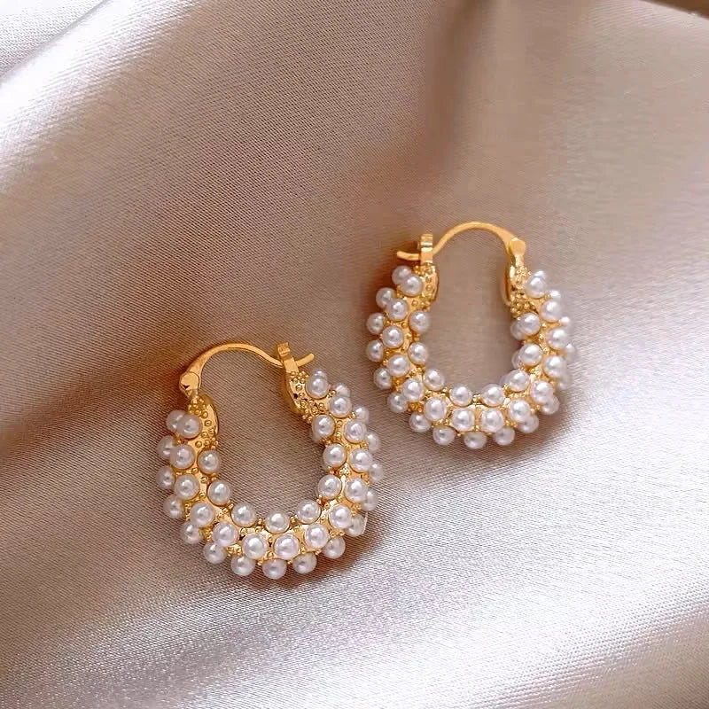 FTCY 1 Pair Vintage Pearl Round Earrings for Women Big Hoop Pierced Allergy Resistant Earrings Jewelry Wholesale