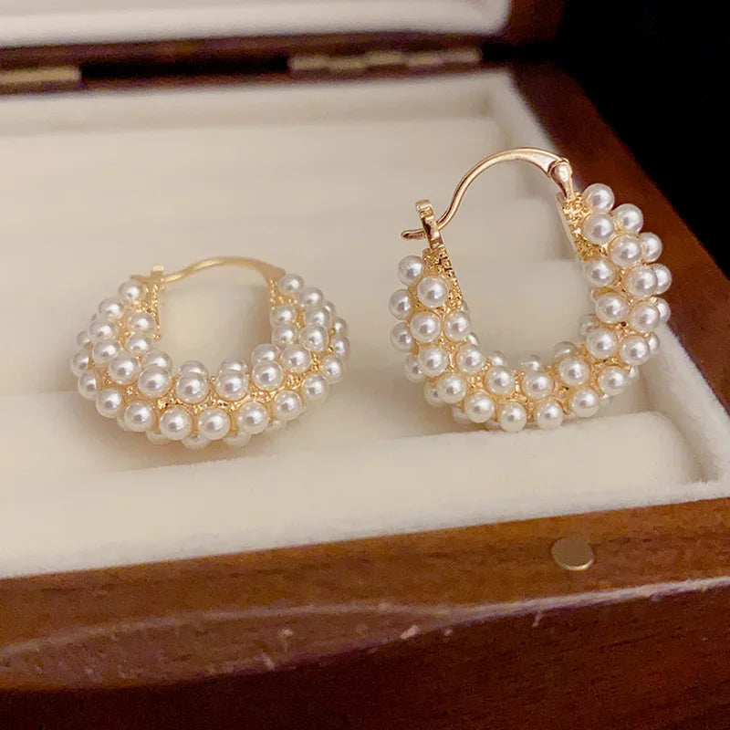 FTCY 1 Pair Vintage Pearl Round Earrings for Women Big Hoop Pierced Allergy Resistant Earrings Jewelry Wholesale