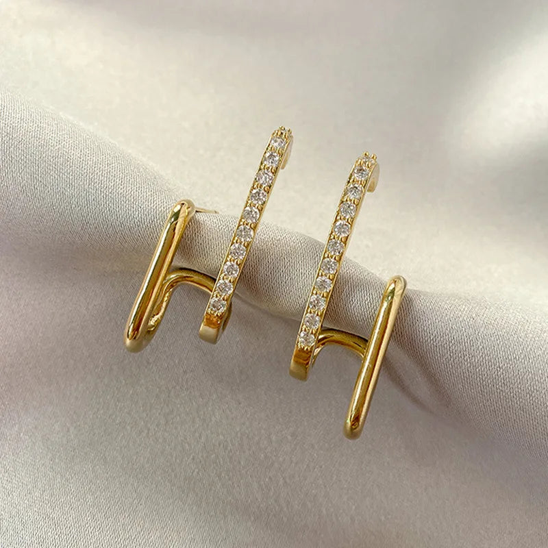 FTCY Luxury Double Row Earrings for Women Korean Irregular U-shaped Gold Color Piercing Earrings Wedding Party Jewelry Gift