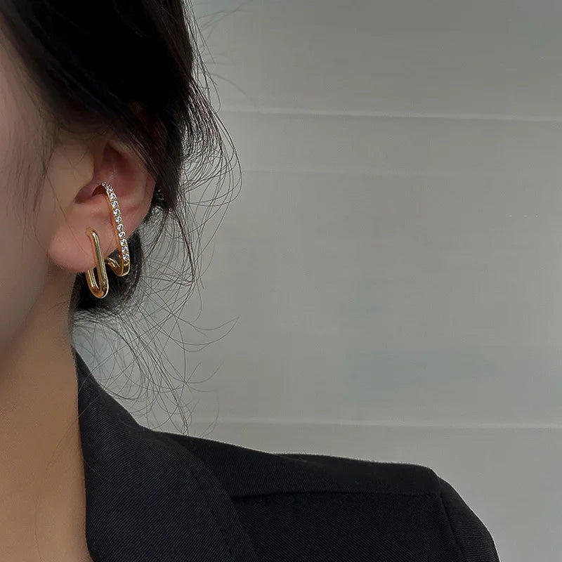 FTCY Luxury Double Row Earrings for Women Korean Irregular U-shaped Gold Color Piercing Earrings Wedding Party Jewelry Gift