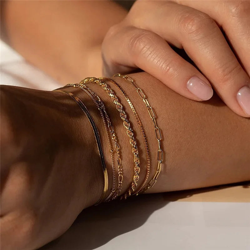 FTCY 6Pcs Gold Color Bracelet Set for Women Bohemian Vintage Thick Twist Cuban Chain Bracelet Women’s Trendy Jewelry Gifts