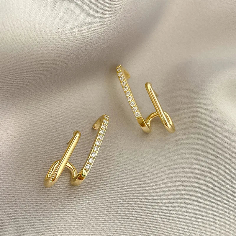 FTCY Luxury Double Row Earrings for Women Korean Irregular U-shaped Gold Color Piercing Earrings Wedding Party Jewelry Gift