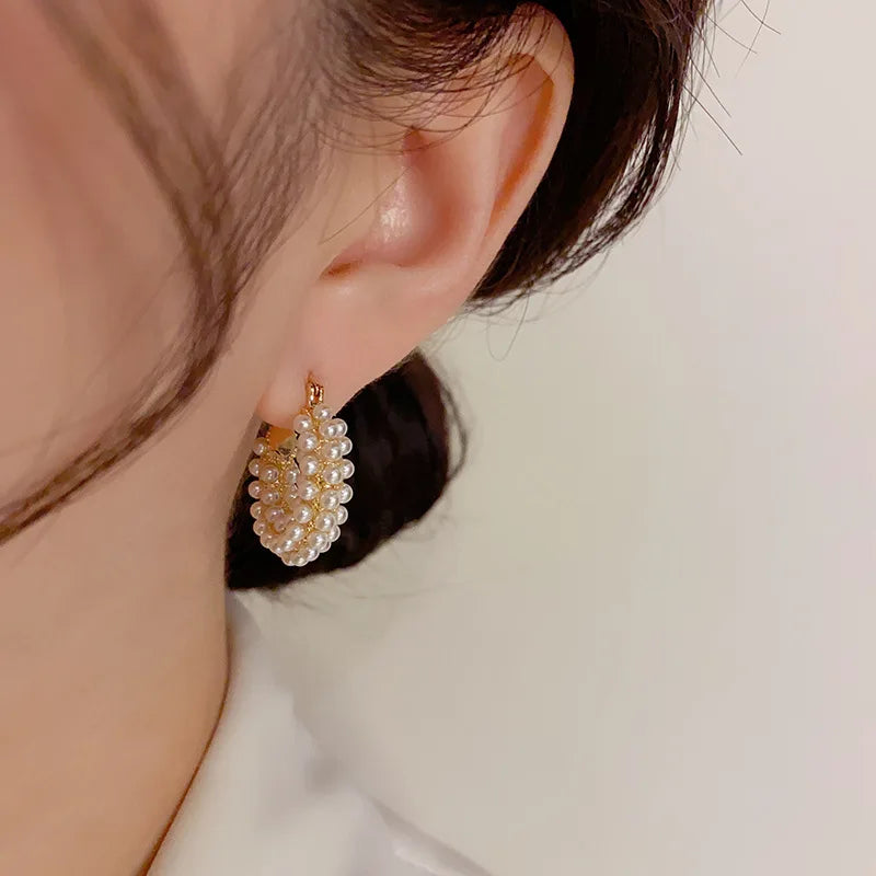 FTCY 1 Pair Vintage Pearl Round Earrings for Women Big Hoop Pierced Allergy Resistant Earrings Jewelry Wholesale